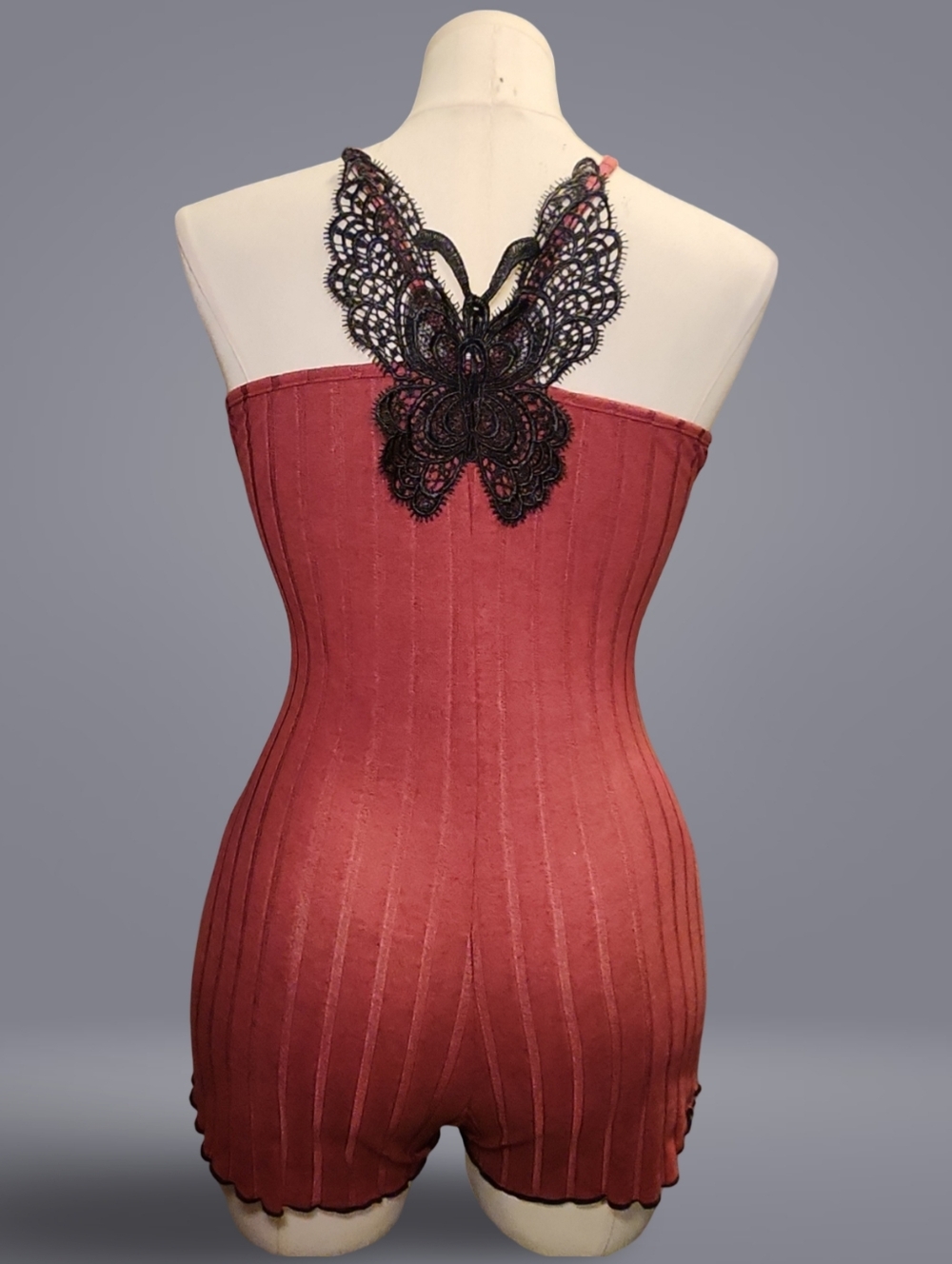 Red Ribbed Knit Lace Butterfly Accents Romper 4XL Plus Size Women's  Sleepwear